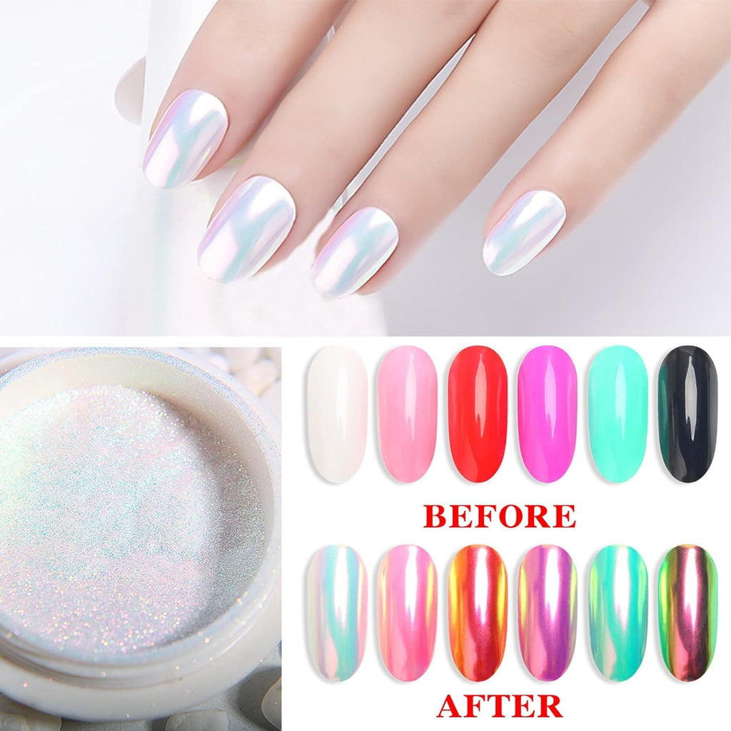 MY COLORS White Rainbow Chrome Nail Powder Set, Reflective Glitter Metallic Mirror Effect for Nails Art Design 3D Holographic Silver Rose Gold Pigment - Image 8