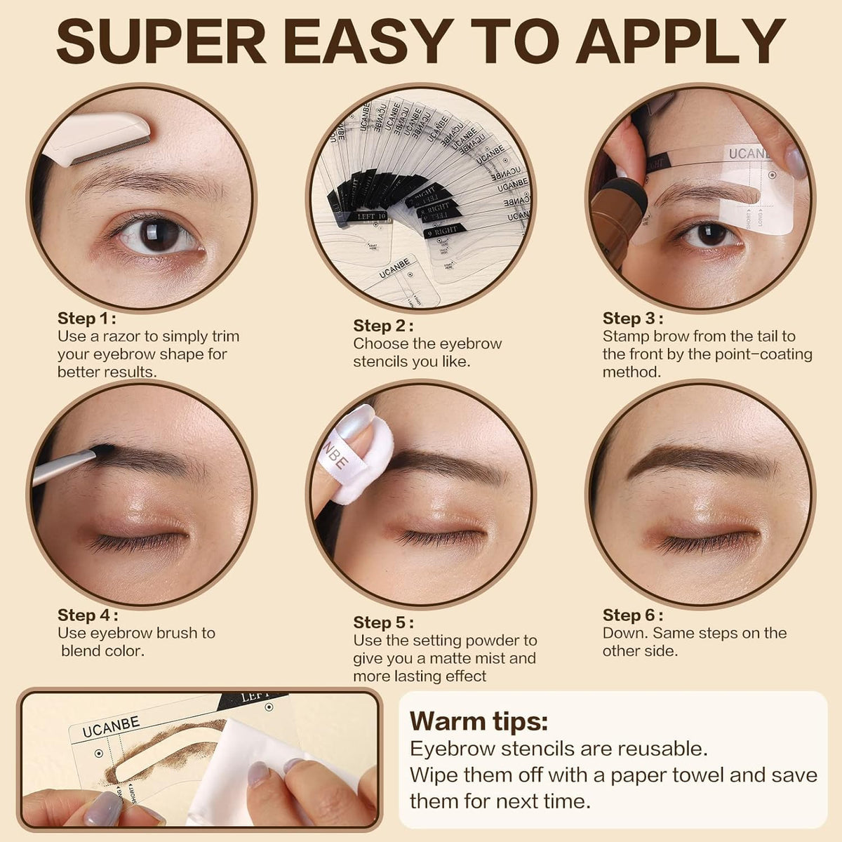 COSLUXE UCANBE 25 Eyebrow Stamp Stencil Kit With Dual-Color Eyebrow Stamp Pomade, Reusable Eyebrow Stencils,Finising Powder,Brush,Eyebrow Razor,Zipper Pouch,Waterproof Eye Brow (01-Blonde+Light Brown) - Image 5