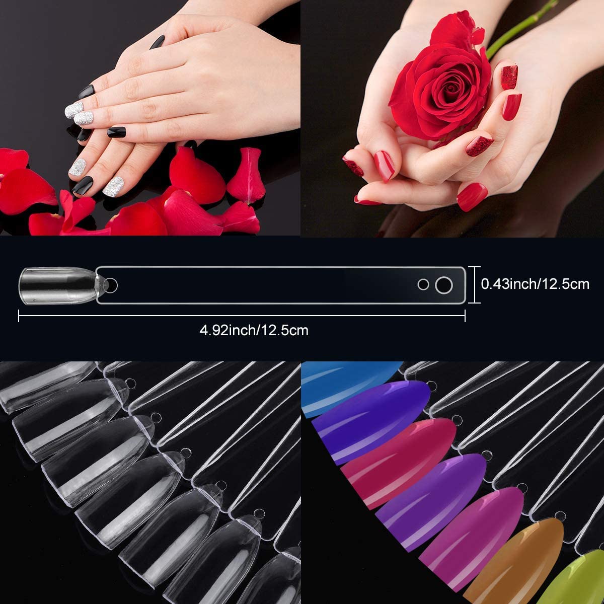 COSLUXE Fan-shaped Nail Art Tips Display Polish Board Display Practice Sticks Tool with Metal Screw Split Ring Holder (Clear, 100 pcs set) - Image 6
