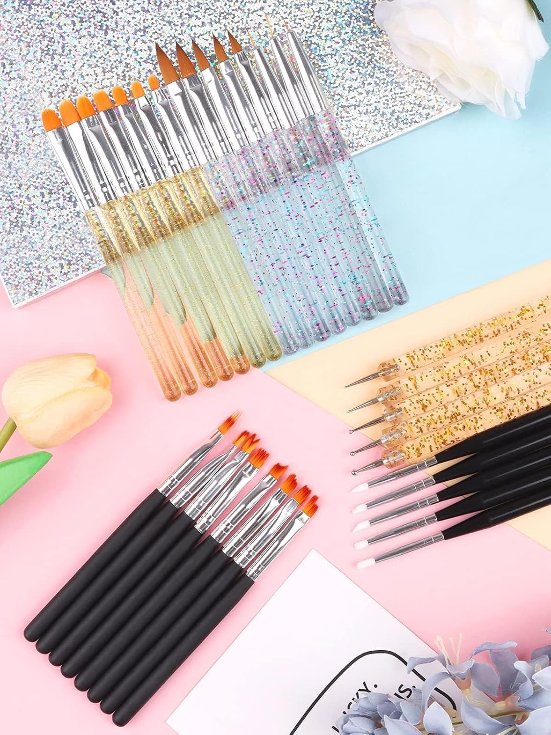 NAILWIND 33pcs Acrylic Nail Brush Set, UV Gel Nail Art Brushes Kit with Nail Flower Painting Brush, Double Ended Nail Dotting Pen, Liner & Nail Extension Gel Brush for DIY Nail Art, Salon & Home Use - Image 7