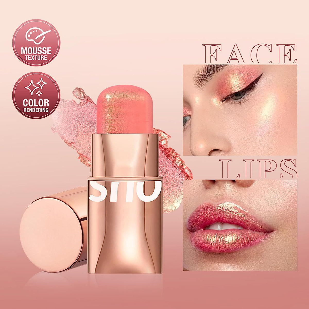 COSLUXE O TWO O Blush Stick for Cheeks Makeup,Waterproof Cream Blush Face Stick Multi-Use Lip and Cheek Tint, Lightweight Easy to Blend Natural Cream Blusher (520 - Glistening Peach Shimmery) - Image 4