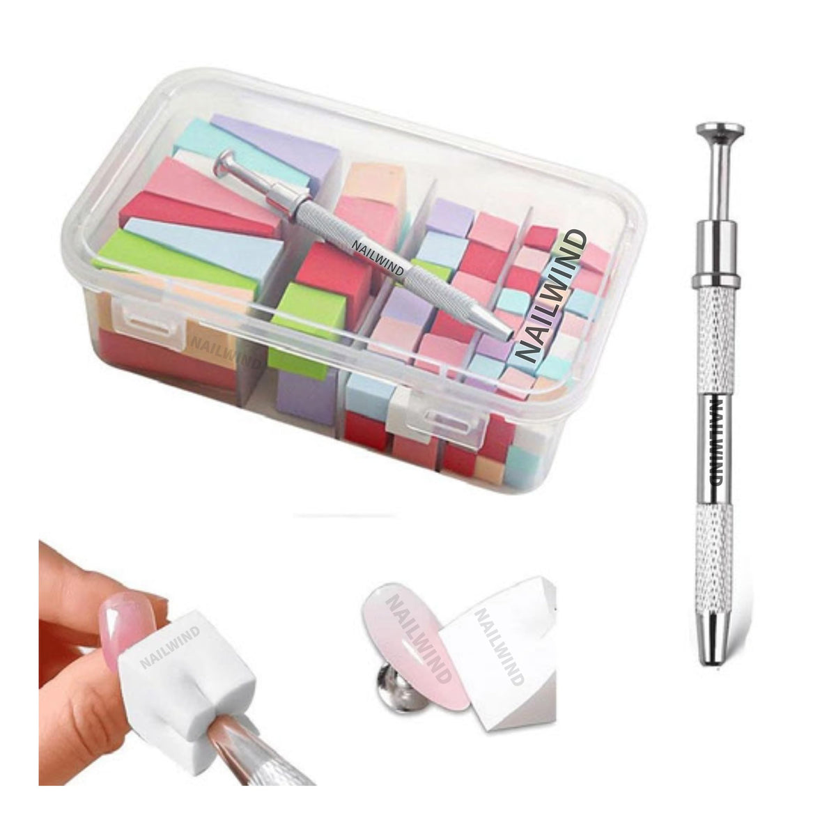 NAILWIND 4 Size 100 Pcs Nail Art Sponge Set with Grip Clip, Mixed Shape Polishing Sponges with Storage Box for Nail Blending, Shaping, Smoothing & Polishing - Image 2