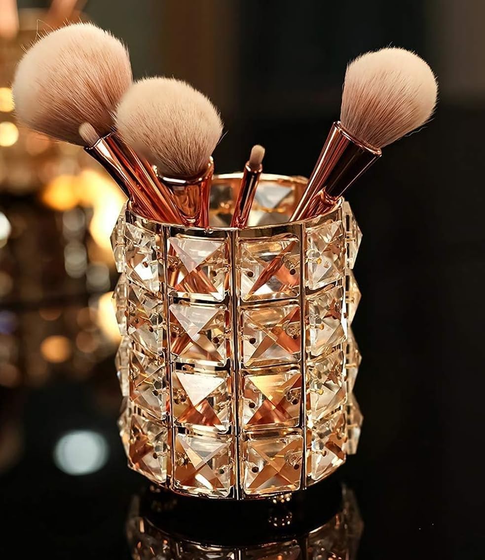 COSLUXE Professional 1 Pc Crystal Cosmetic Makeup Brush Storage Holder Organiser Lipstick Pen Storage Box Embellished Stand for Dressing Table Gold - Image 6