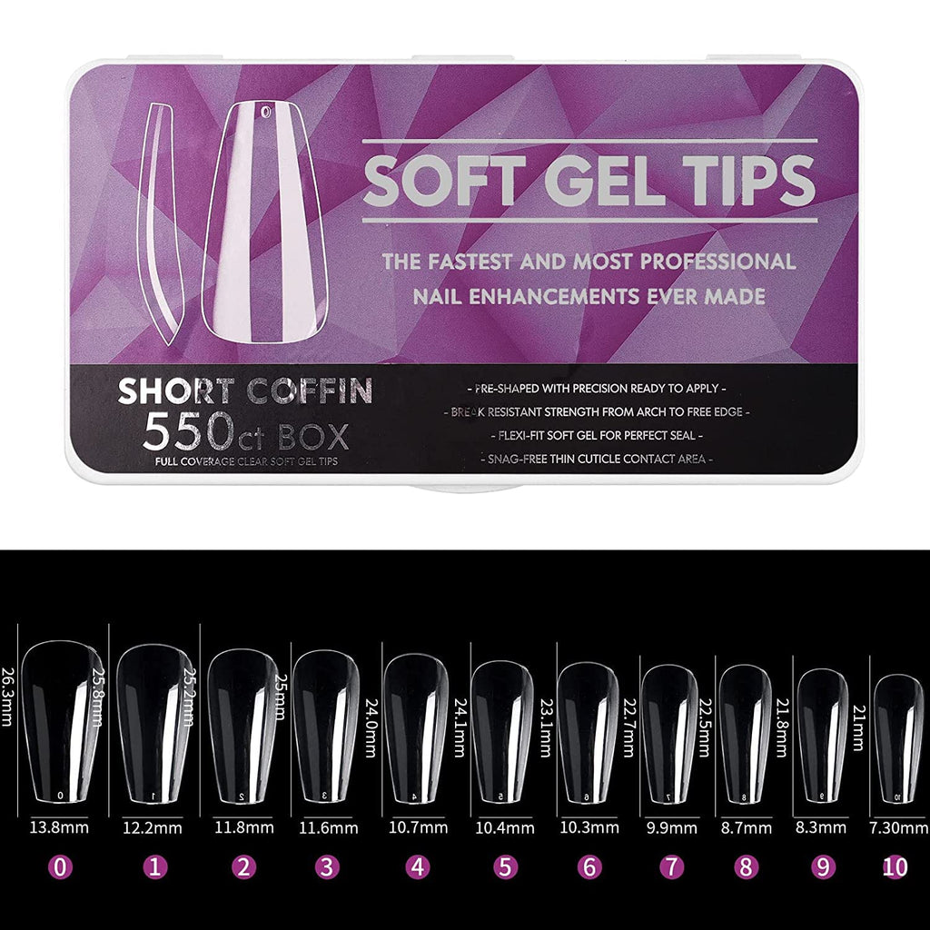 NAILWIND Clear Soft Gel Nail Tips-Short Ballerina Shape Style Smooth Traceless Pre-shaped Full Coverage Nails Tips, Clear Ultra-thin Design for Nail Extension,Home DIY Nail Salon Multi Sizes Gelly Tips 11 Short Coffin, 550 pcs