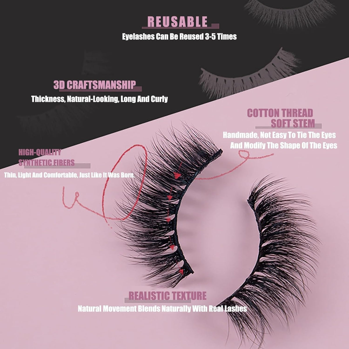 COSLUXE IMAGIC PROfessional Synthetic Fibers False Eyelashes, Natural & soft 100% Handmade 3D Eyelashes Pack 10 Pairs of 1 box (L06) - Image 4