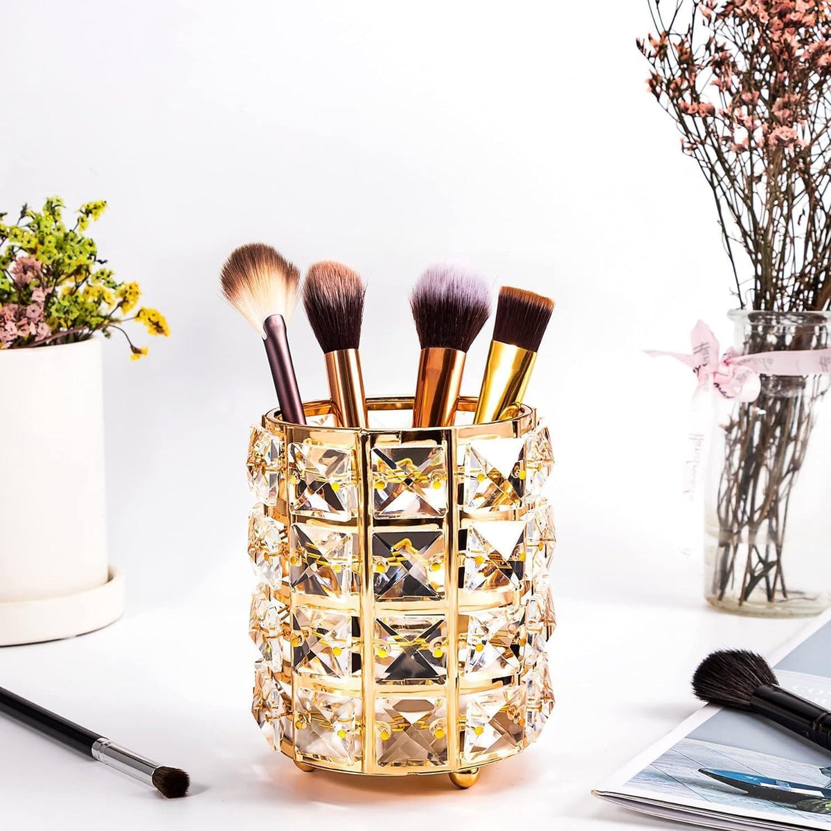 COSLUXE Professional 1 Pc Crystal Cosmetic Makeup Brush Storage Holder Organiser Lipstick Pen Storage Box Embellished Stand for Dressing Table Gold