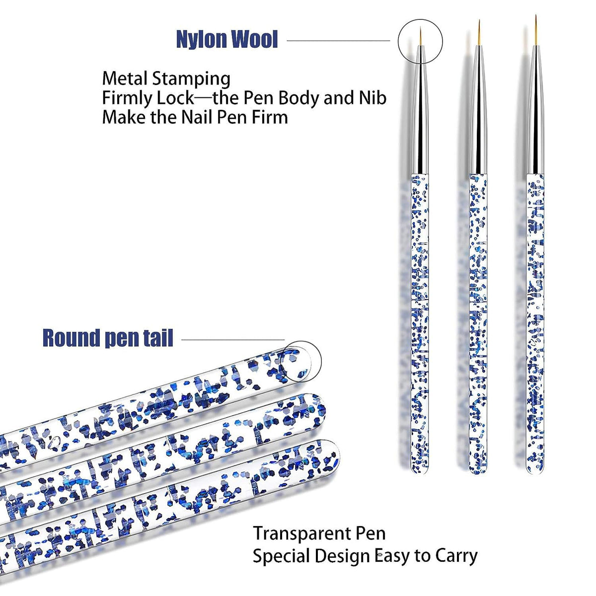 MY COLORS 3 PCS Nail Art Liner Brushes, UV Gel Painting Acrylic Nail Design Nylon Brush, Nail Painting Drawing Pens (7/9/11mm) - Image 2
