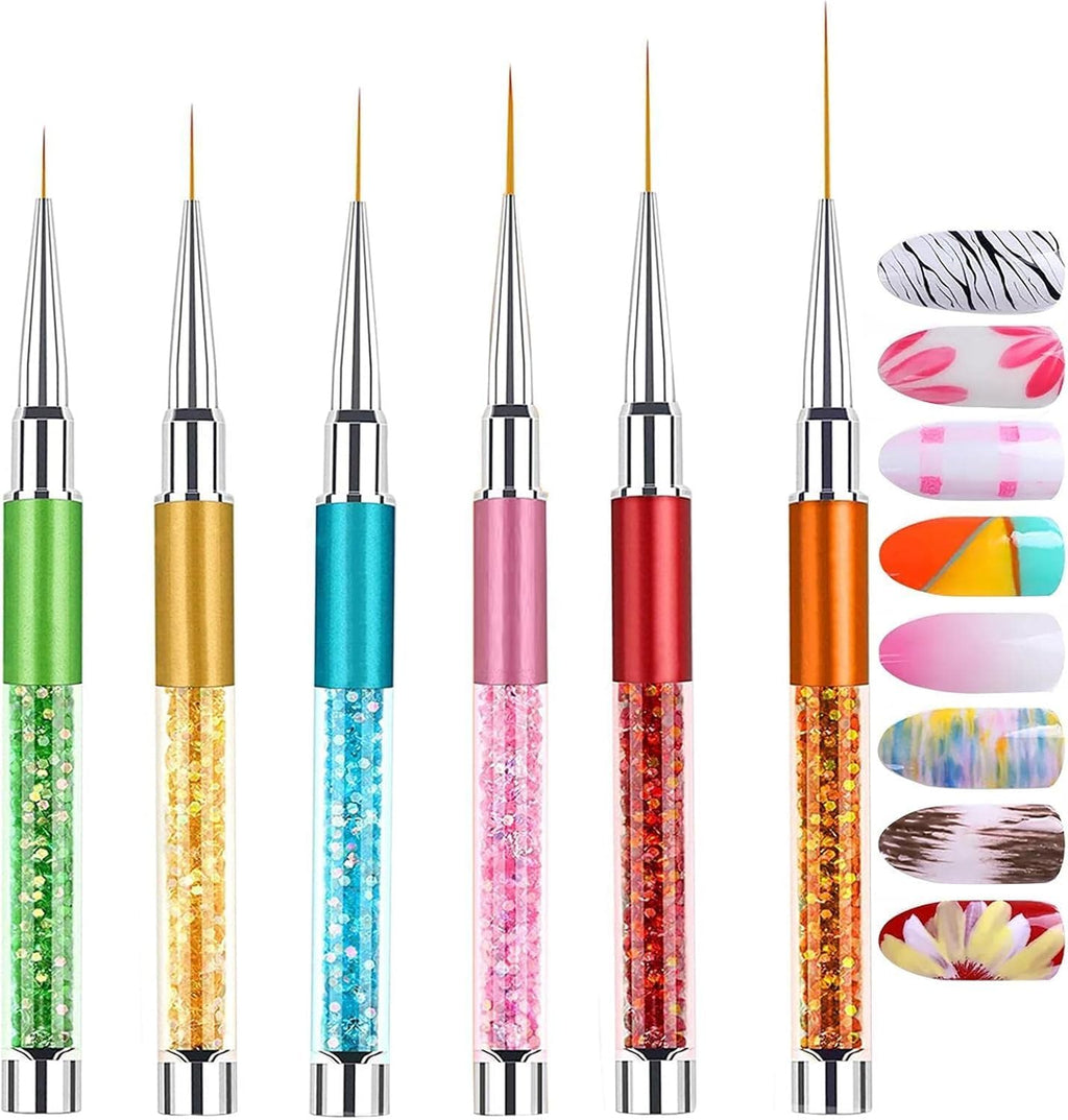 NAILWIND Nail Art Liner Brushes, 6Pcs Nail Gel Polish Painting Nail Design Brush Pen Set with Crushed Diamond Rhinestones Handle for Pulling Lines, Nail Art Design