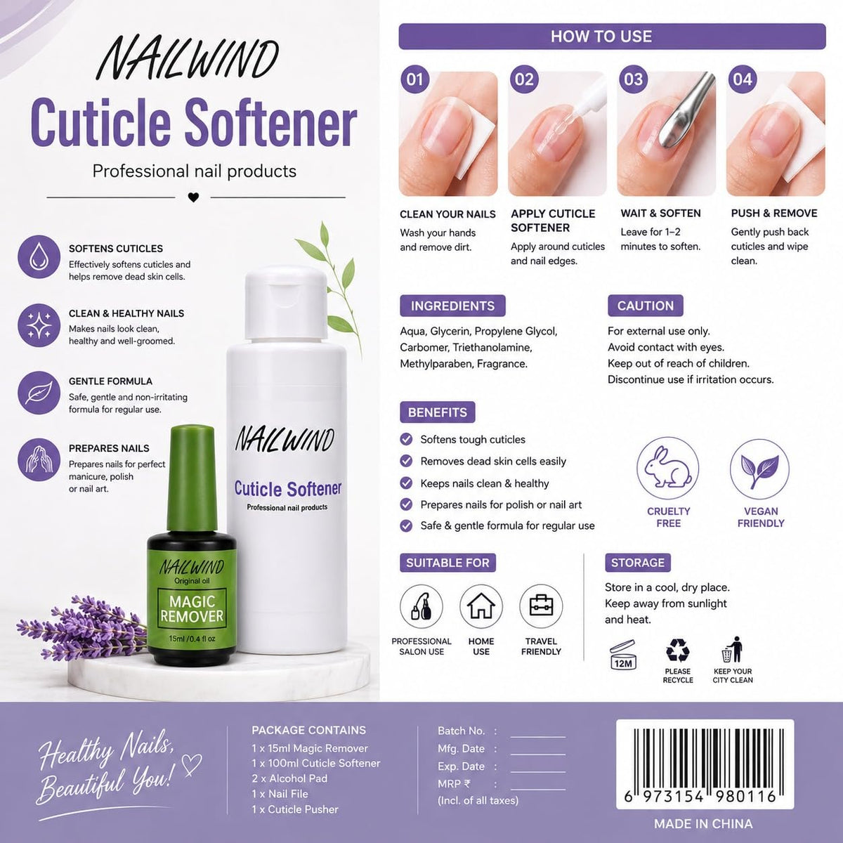 NAILWIND Nail Polish Remover & Manicure Care Kit, 6 Component Set with 15 ml Magic Remover, 100 ml Cuticle Softener, 3 ml Cuticle Oil Pen, 3 Alcohol Pads, Nail File & Cuticle Pusher - Image 3