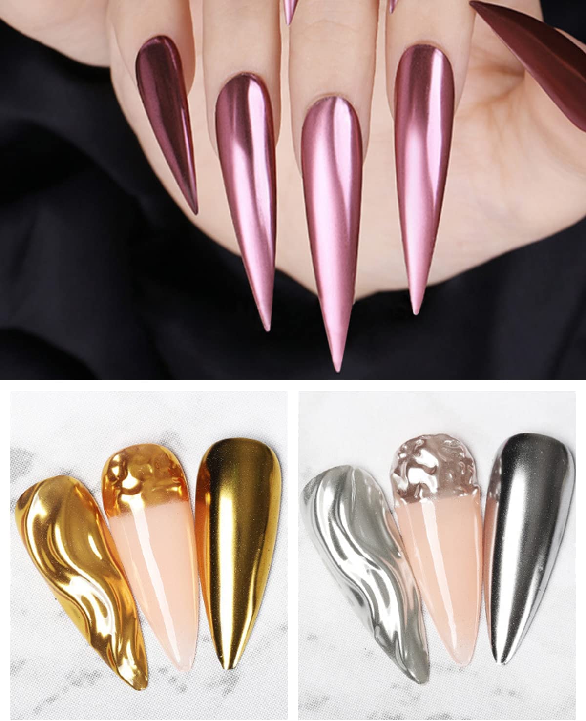 NAILWIND 3 Colors Chrome Nail Powder Set, Glitter Metallic Mirror Effect for Nails Art Design 3D Holographic Silver Rose Gold Pigment Powder - Image 6