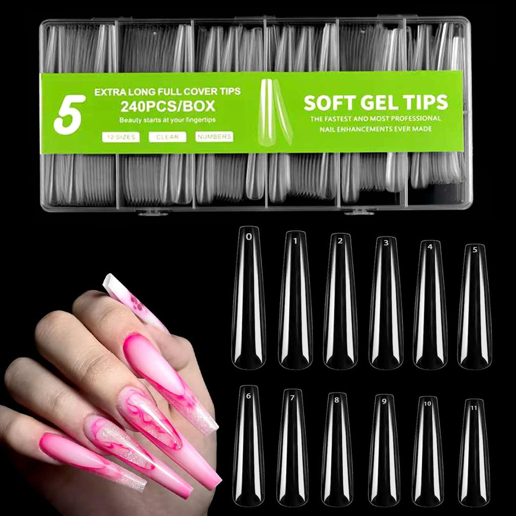 NAILWIND 240PCS Full Cover Long Coffin Nail Tips, 3XL Long Coffin Ballerina Nails Tips Extra Longs Coffins Press On Nail No 5 C Curve, Clear Coffins Ballerina Nails Tip for Acrylic Nail Tips Professional,12 Sizes - Image 8