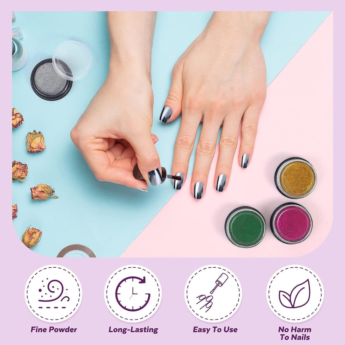 NAILWIND Pink Purple Colors Chrome Nail Powder Set, Reflective Glitter Metallic Mirror Effect for Nails Art Design 3D Holographic Silver Rose Gold Pigment 1- PCS - Image 9
