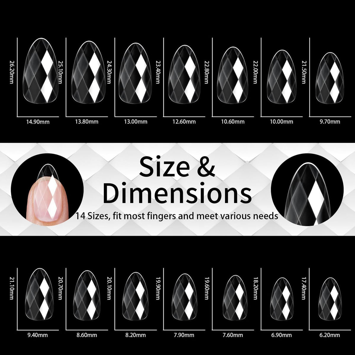 NAILWIND 3D Diamond Shape Designs False Nails,150 Pcs Soft Gel Tips Full Cover Acrylic Nail Tips, Nail Extension 14 Sizes Suitable for Nail Tips Art Salons ? Home CLEAR, SHORT - ALMOND - Image 3