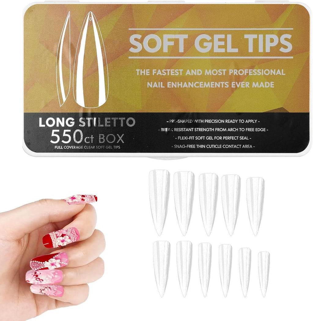NAILWIND Long Coffin Nail Tips, Full Cover Clear Soft Gel Tips, False Nail Tips for Acrylic Nails Extension with Box, Nail Art Salons DIY Art Long Stiletto, 550 pcs - Image 8