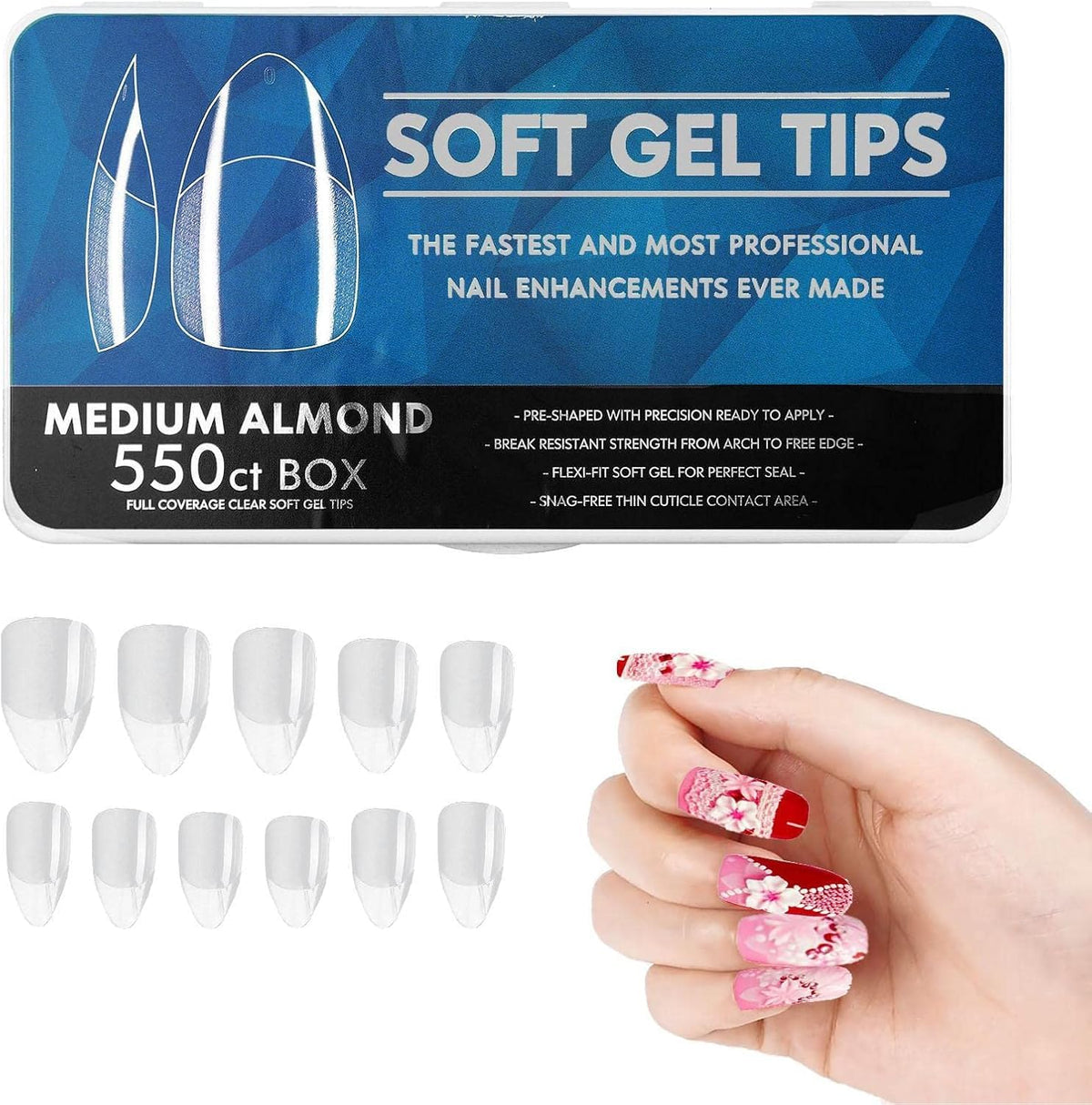 NAILWIND Gel Nail Tips, soft Gel Full Cover Nails, medium almond Clear Acrylic Nail Tips Artificial False Nails with Box Fake Nail Extension for Salons DIY Nails Art 550 pcs - Image 9