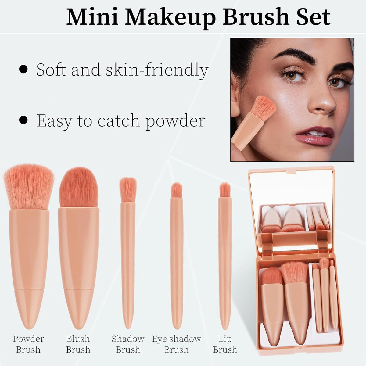 COSLUXE 5 Piece Mini Makeup Brushes Set, Travel Small Makeup Brushes with Brush Case Built-in Mirror, Portable Cosmetics Brushes for Eyeshadow, Powder, Foundation, Blush - Multicolored for Women, Girls & Teens - Image 3