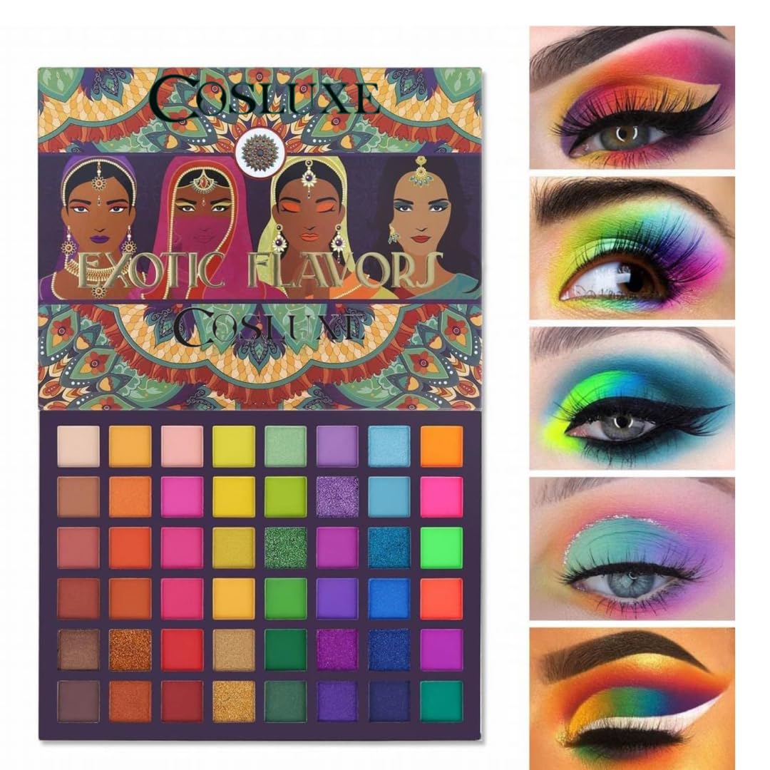 COSLUXE UCAN BE Exo tic Flavors Neon Eyeshadow Makeup Palette, 48 Colorful High Pigmented - Rainbow Glitter Eye Shadow Make Up Pallete, Multicolor, Shimmery, Satin & Matte Finish