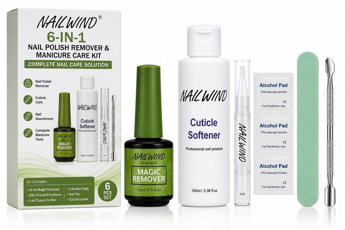 NAILWIND Nail Polish Remover & Manicure Care Kit, 6 Component Set with 15 ml Magic Remover, 100 ml Cuticle Softener, 3 ml Cuticle Oil Pen, 3 Alcohol Pads, Nail File & Cuticle Pusher