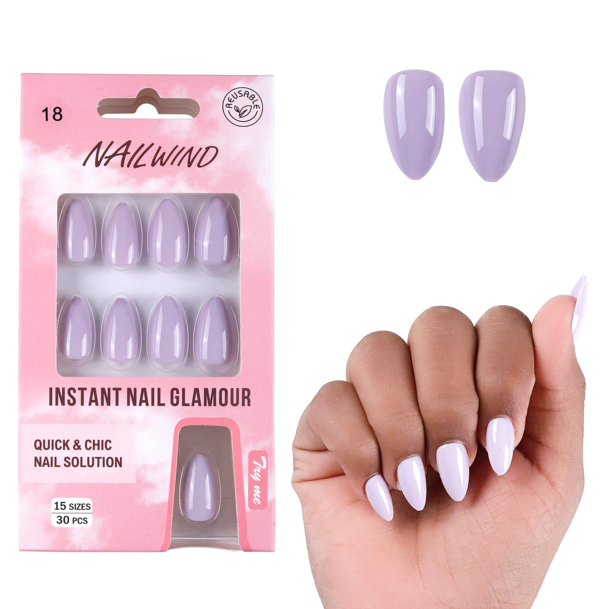 NAILWIND purple Press on Nails Short Square Fake Nail's Glossy Solid Color Design Stick on Nails Simple Sweet Reusable Acrylic Nail Full Cover Glue on Nail for Women Nail's Art Decoration 15 Sizes - 30PCS - Image 5