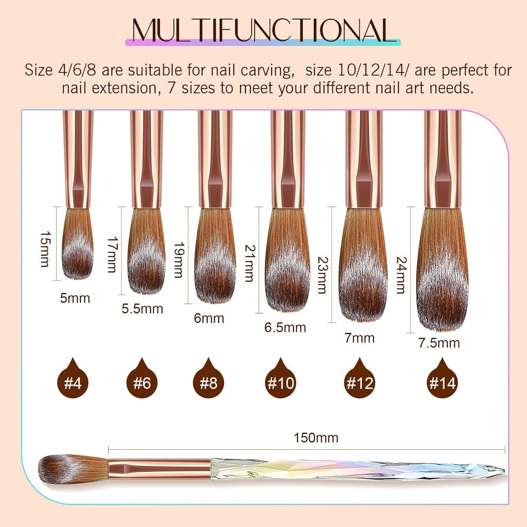 NAILWIND Acrylic Brush Set 6PCS Professional Nail Brushes for Application, Powder, Art Extension, 3D Carving, Manicure Tool, Home DIY - Sizes 4/6/8/10/12/14 - Image 4