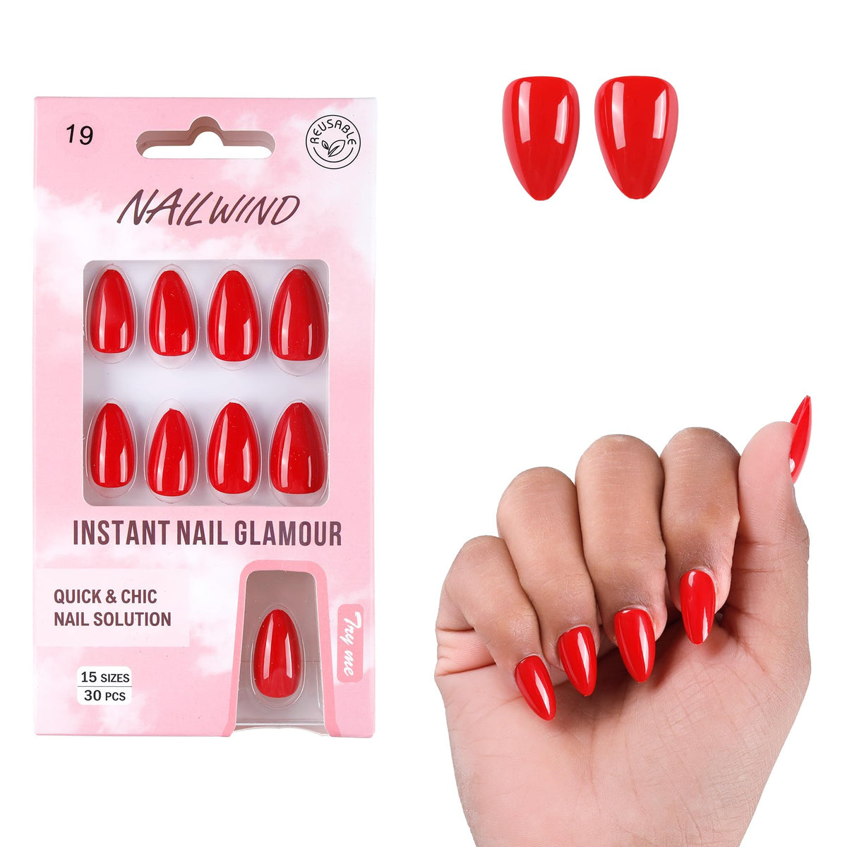 NAILWIND Almond Press On Nails Short, Press on Nail Solid Color Design Stick on Nail Simple Sweet Reusable Acrylic Nails,30PCS in 15 Sizes, for Women Nail's Art Decoration Real Red - 19 - Image 5