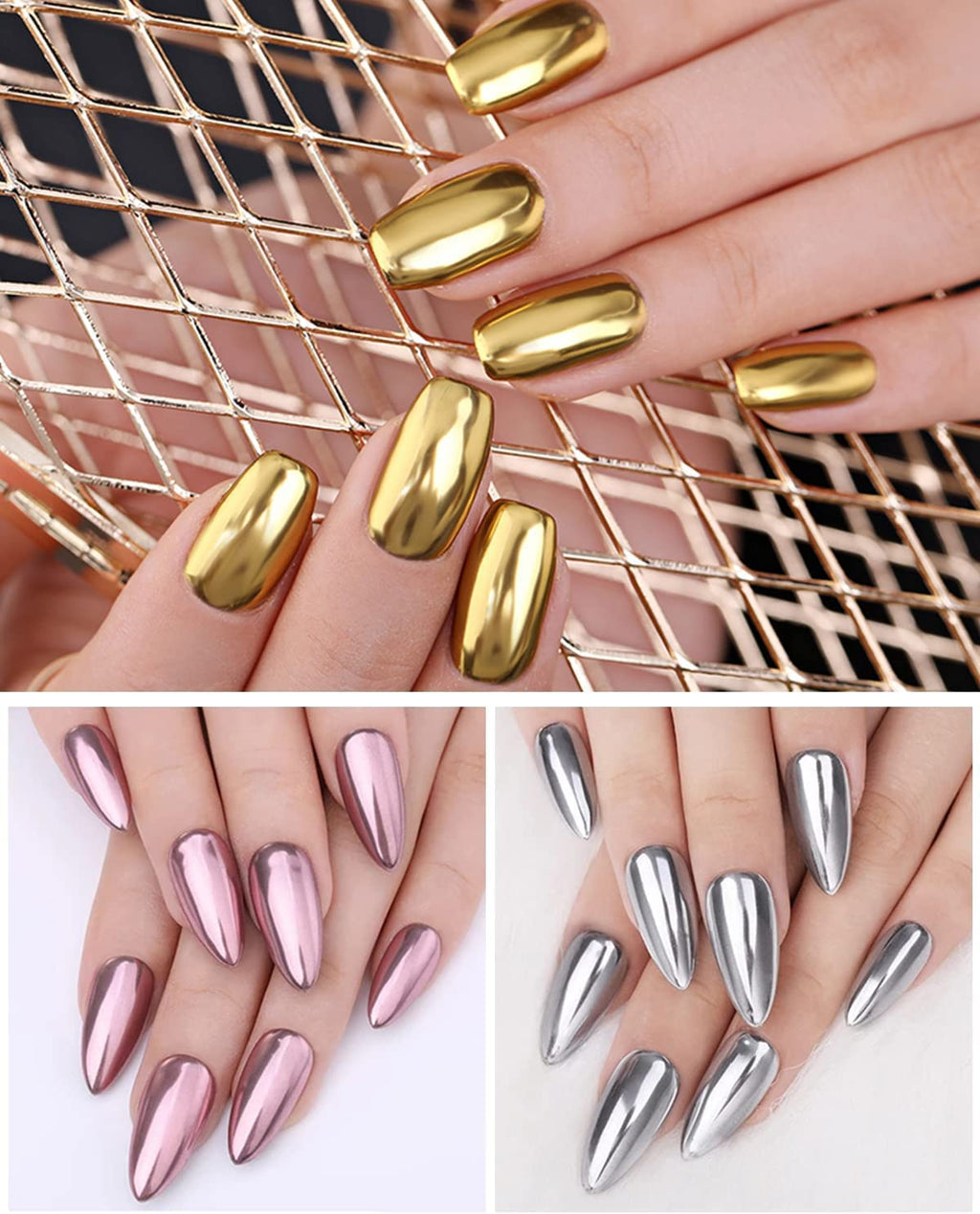 NAILWIND Colors Chrome Nail Powder Set, Reflective Glitter Metallic Mirror Effect for Nails Art Design 3D Holographic Silver Rose Gold Pigment (2- PCS, Gold - Silver) - Image 7