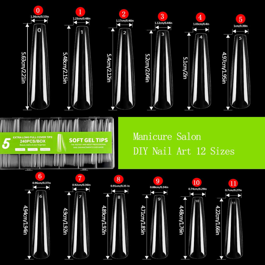 NAILWIND 240PCS Full Cover Long Coffin Nail Tips, 3XL Long Coffin Ballerina Nails Tips Extra Longs Coffins Press On Nail No 5 C Curve, Clear Coffins Ballerina Nails Tip for Acrylic Nail Tips Professional,12 Sizes - Image 4
