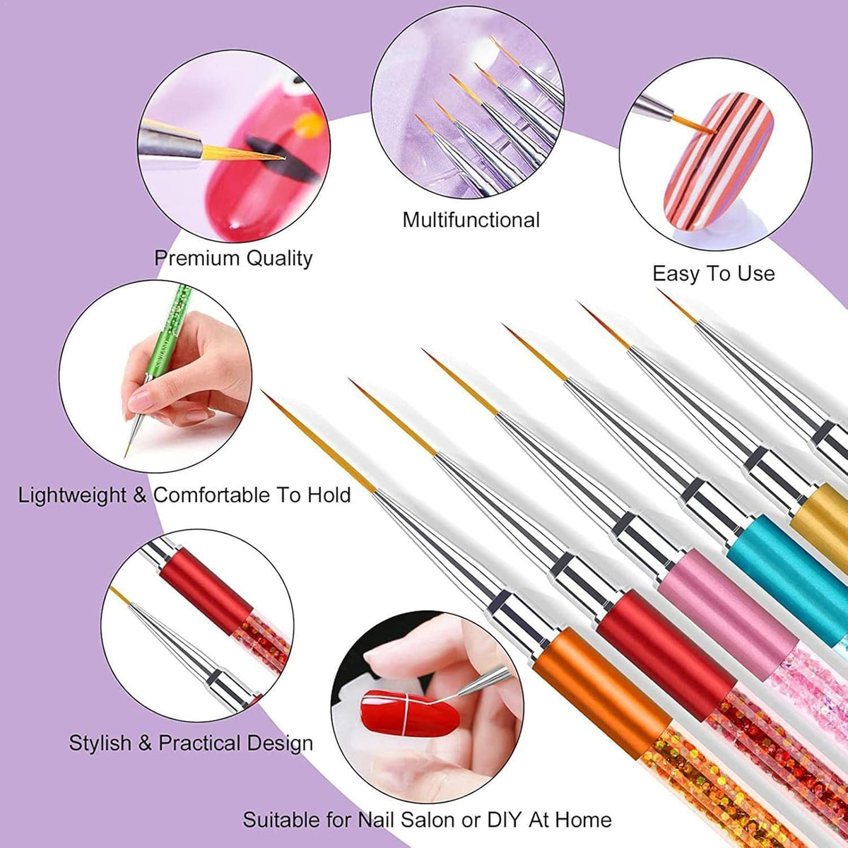 NAILWIND Nail Art Liner Brushes, 6Pcs Nail Gel Polish Painting Nail Design Brush Pen Set with Crushed Diamond Rhinestones Handle for Pulling Lines, Nail Art Design - Image 3