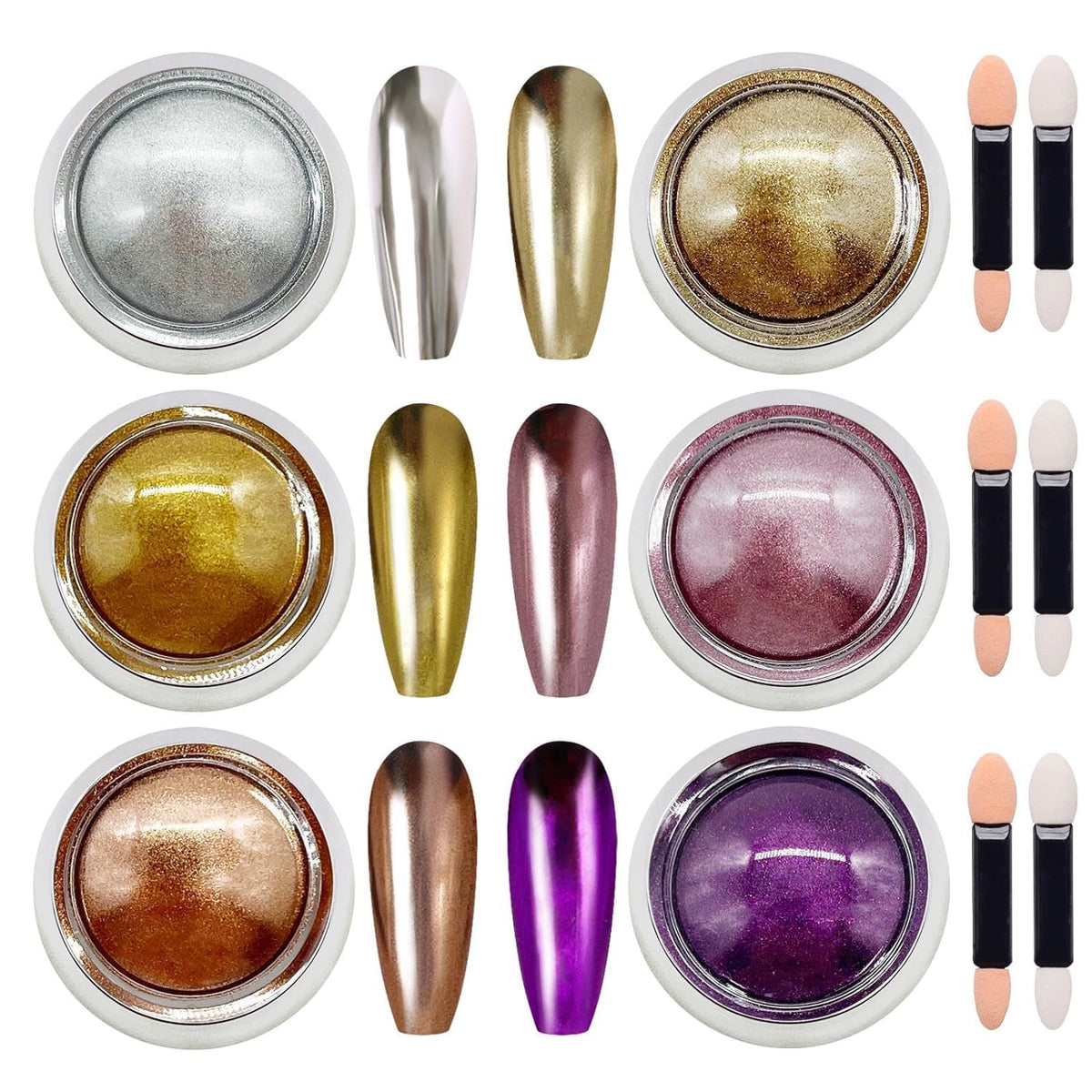 NAILWIND 6 Colors Chrome Nail Powder Set,Metallic Mirror Effect Nail Art Powder,Holographic Pigment Glitter Dust for Gel Polish Manicure Decoration with 6 Eyeshadow Sticks (05) - Image 2