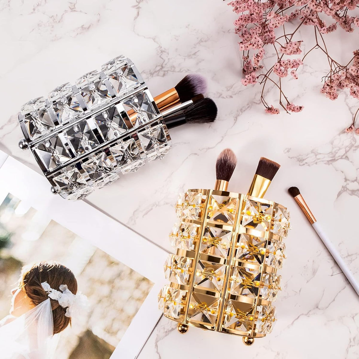 COSLUXE Professional 1 Pc Crystal Cosmetic Makeup Brush Storage Holder Organiser Lipstick Pen Storage Box Embellished Stand for Dressing Table Gold - Image 5