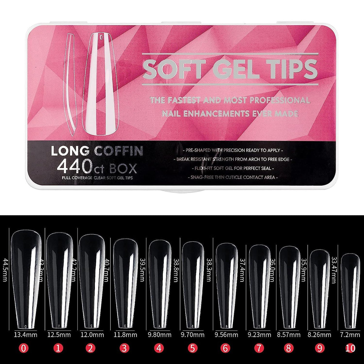 NAILWINd Nail Tips,soft Gel Full Cover Nails, Clear Acrylic Nail Tips Artificial False Nails with Box Fake Nail Extension for Salons DIY Nails Art Long - coffin, 440ct