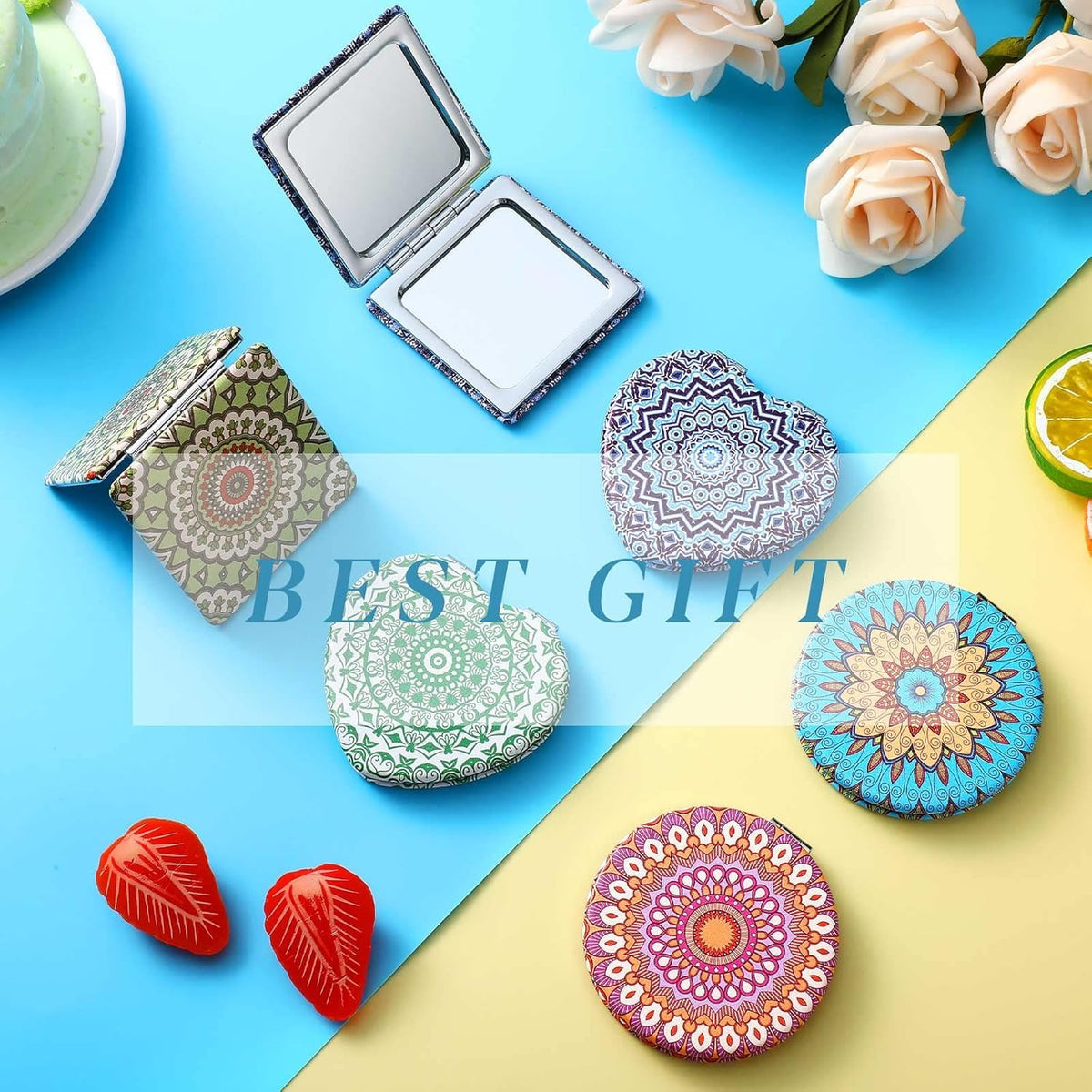 COSLUXE Compact Vanity Mirror Gifts for Girls Women | Stylish Travel Folding Makeup Mirrors for Wallet Purse Pocket Handbag, Cosmetic Mirror (1, Square - Multicolors, Small) - Image 2