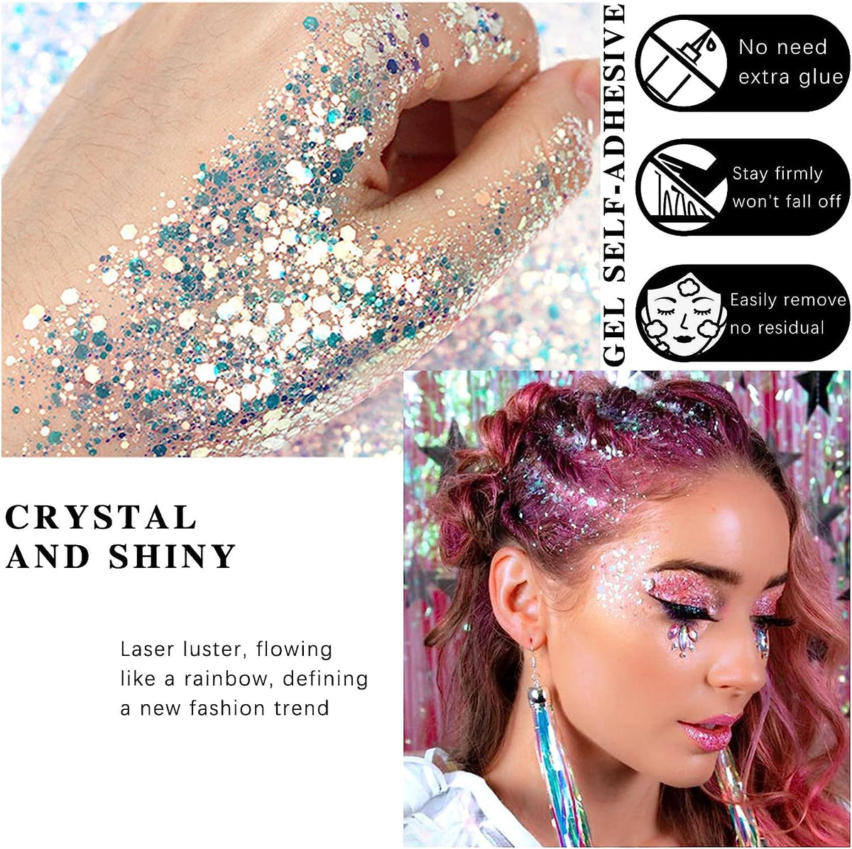 HUDAMOJI 6 Color Body Glitter Gel Mermaid Face Chunky Glitter Sequins for Eye Lip Hair Nail Sparkling Holographic Shimmer Laser Glitters Makeup for Singer Concerts Music Festival Party - Image 6