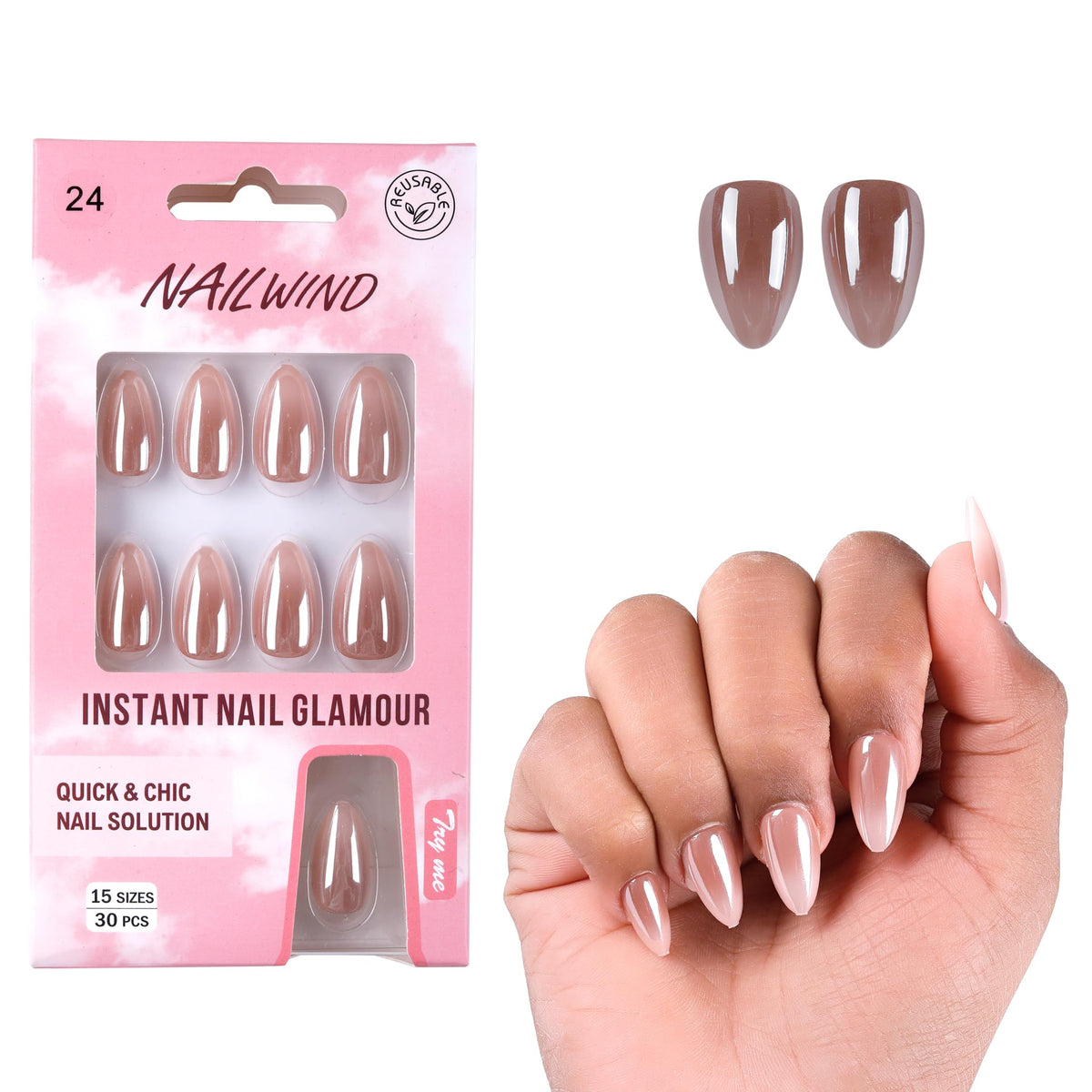 NAILWIND Almond Press On Nails Medium, Nude chrome, Short Soft Gel Mirror Designs Glossy Ombre Nails with Nail Glue, Semi-Transparent Reusable Glue On in 15 Sizes - 30PCS Stick On Nail Kit, Acrylic Nail for Women 24 - Image 4