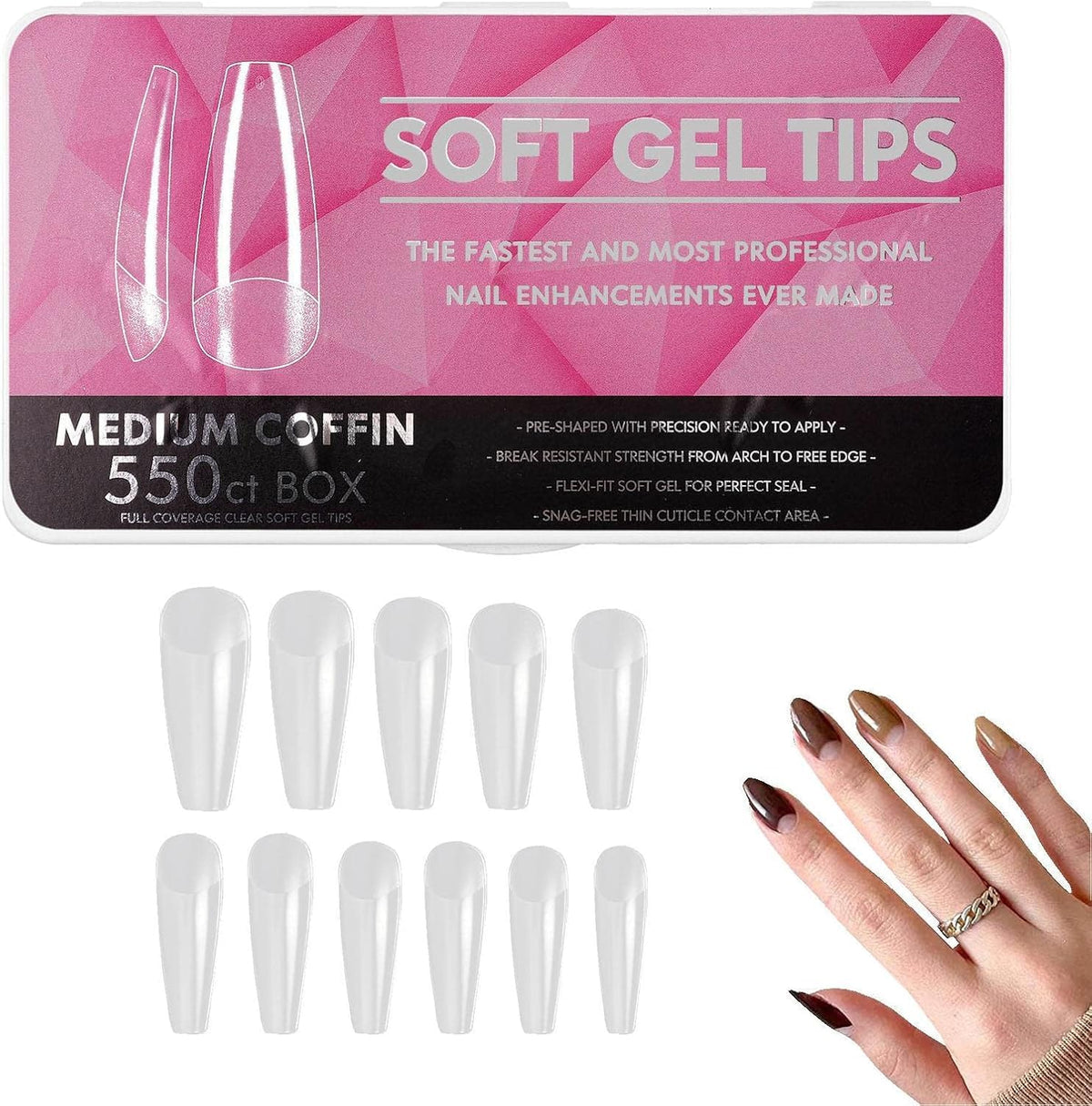 NAILWIND Nail Tips,soft Gel Full Cover Nails, Clear Acrylic Nail Tips Artificial False Nails with Box Fake Nail Extension for Nails Salons DIY (M - Coffin full, 550 pcs) - Image 2