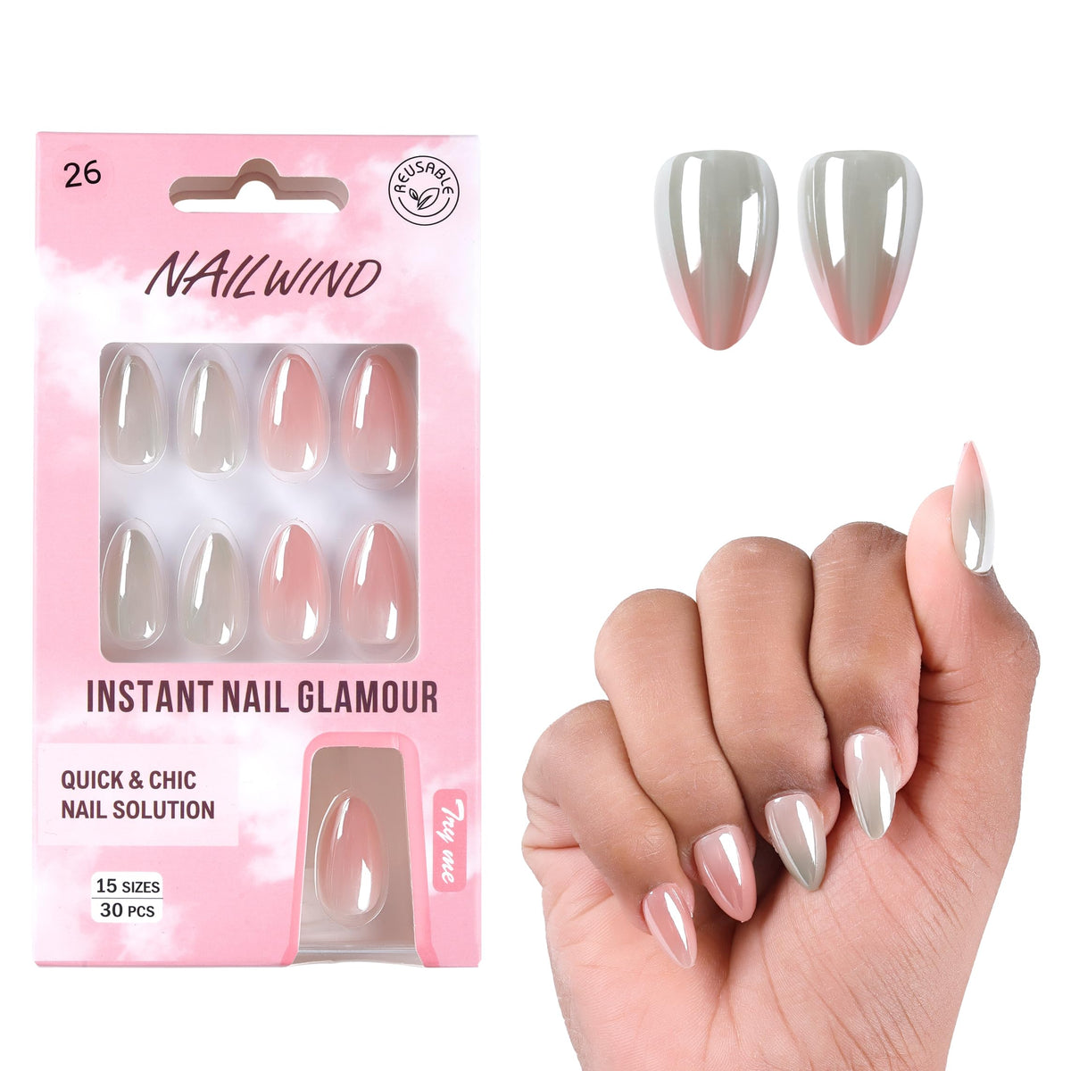 NAILWIND Almond Press On Nails Medium, Nude Short Press On Soft Gel Mirror Designs Glossy Ombre Nails with Nail Glue, Semi-Transparent Reusable Glue On in 15 Sizes - 30PCS Stick On Nail Kit, Acrylic Nail for Women 26 - Image 4