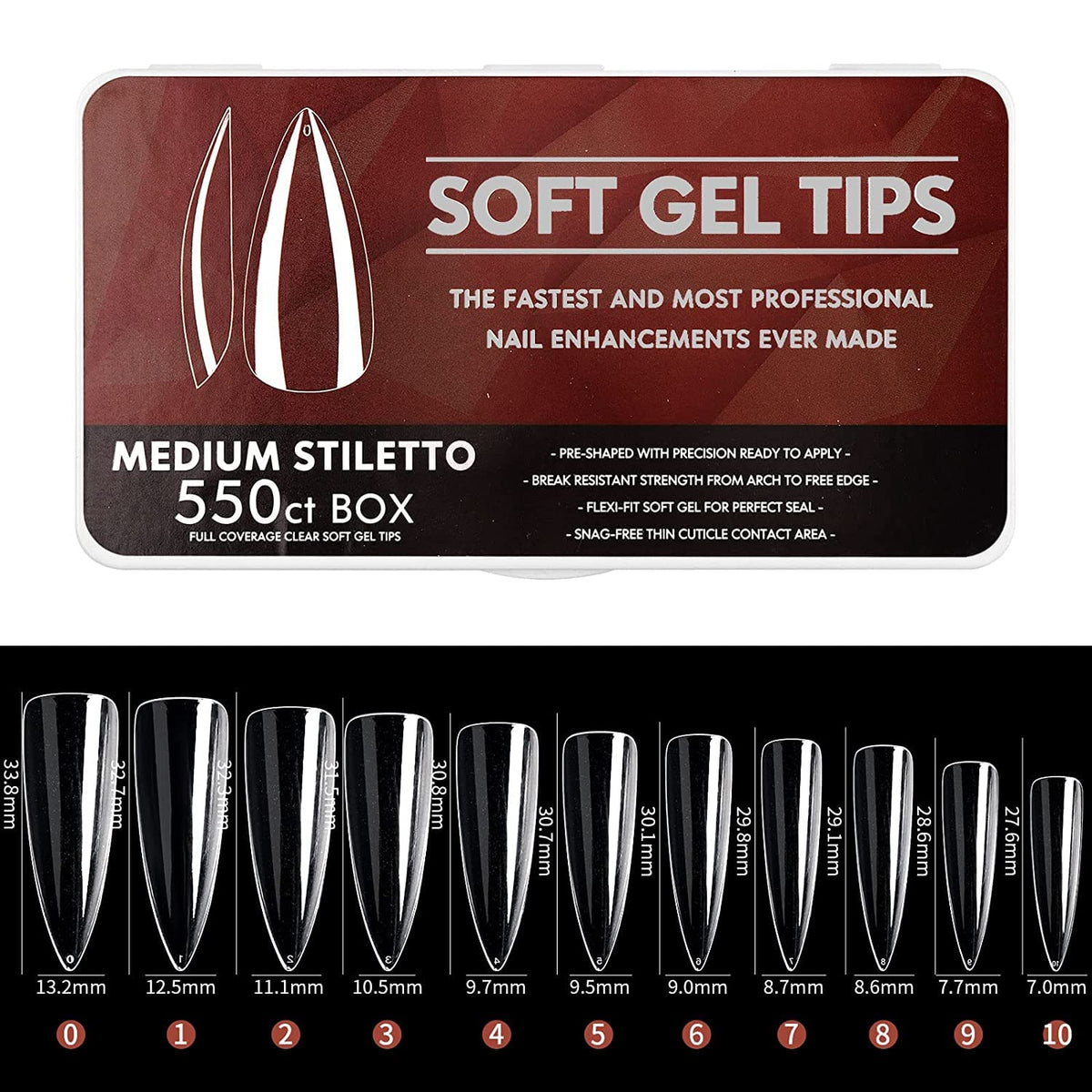 NAILWIND Soft Gel Nail Tips with Full Coverage, 11 Sizes Gel Nail Tips with Full Coverage, False Nails with Case medium stiletto, 550 pcs