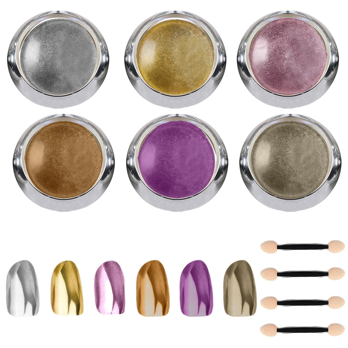 NAILWIND 6 Colors Chrome Nail Powder Set,Metallic Mirror Effect Nail Art Powder,Holographic Pigment Glitter Dust for Gel Polish Manicure Decoration with 6 Eyeshadow Sticks (06) - Image 2