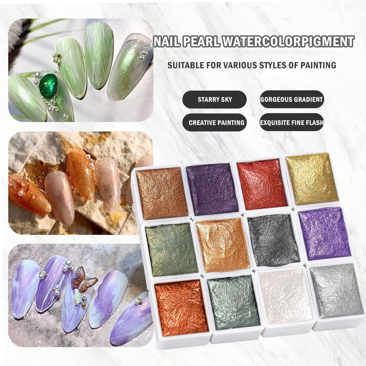 NAILWIND Nail Watercolor Paint, Shimmer Solid Watercolors Pearl Glitter Nail Art Painting Pigment, Manicure Arts Nail Paint for Women and Girls, Nails Gel Paint for DIY Nail Art Design - Image 4