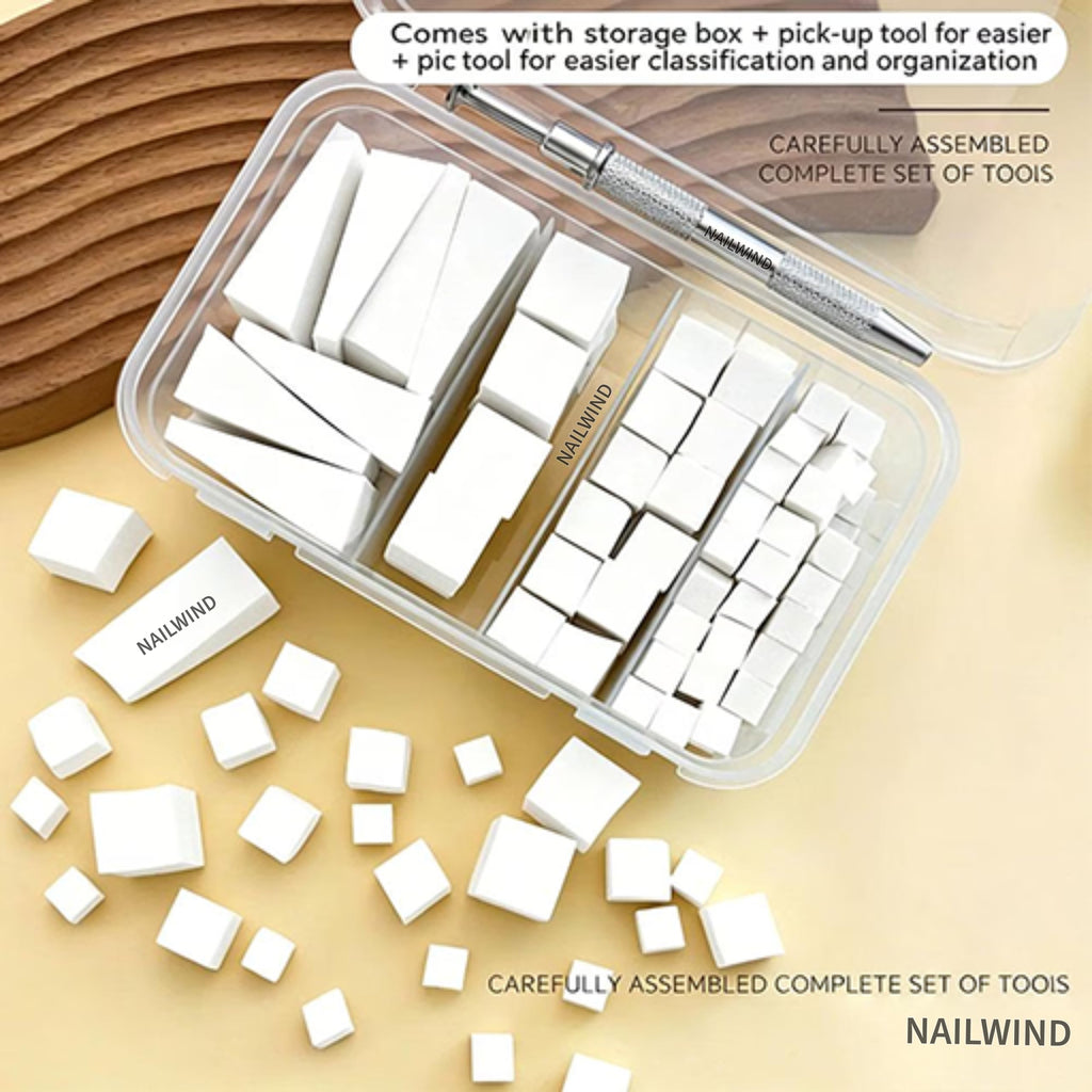 NAILWIND 4 Size 100 Pcs Nail Art Sponge Set with Grip Clip, Mixed Shape Polishing Sponges with Storage Box for Nail Blending, Shaping, Smoothing & Polishing - Image 4