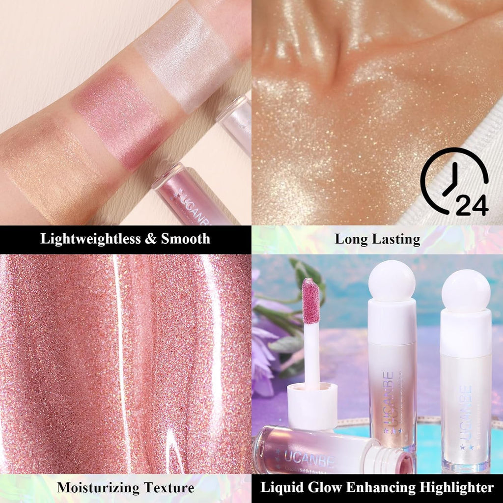 COSLUXE UCANBE 3 - Pack Liquid Face Highlighter Makeup Set - Multifunctional Luminous Glow, Natural Radiance Sparkly Glitter Body Shimmer Liquid Luminizer Sticks - Suitable for Face, Eyes, - Image 4