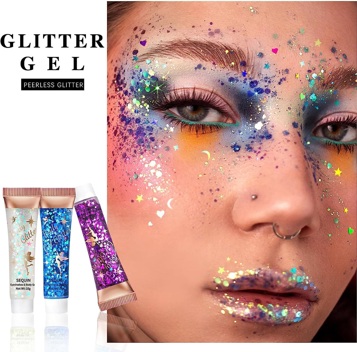 HUDAMOJI 6 Color Body Glitter Gel Mermaid Face Chunky Glitter Sequins for Eye Lip Hair Nail Sparkling Holographic Shimmer Laser Glitters Makeup for Singer Concerts Music Festival Party - Image 2