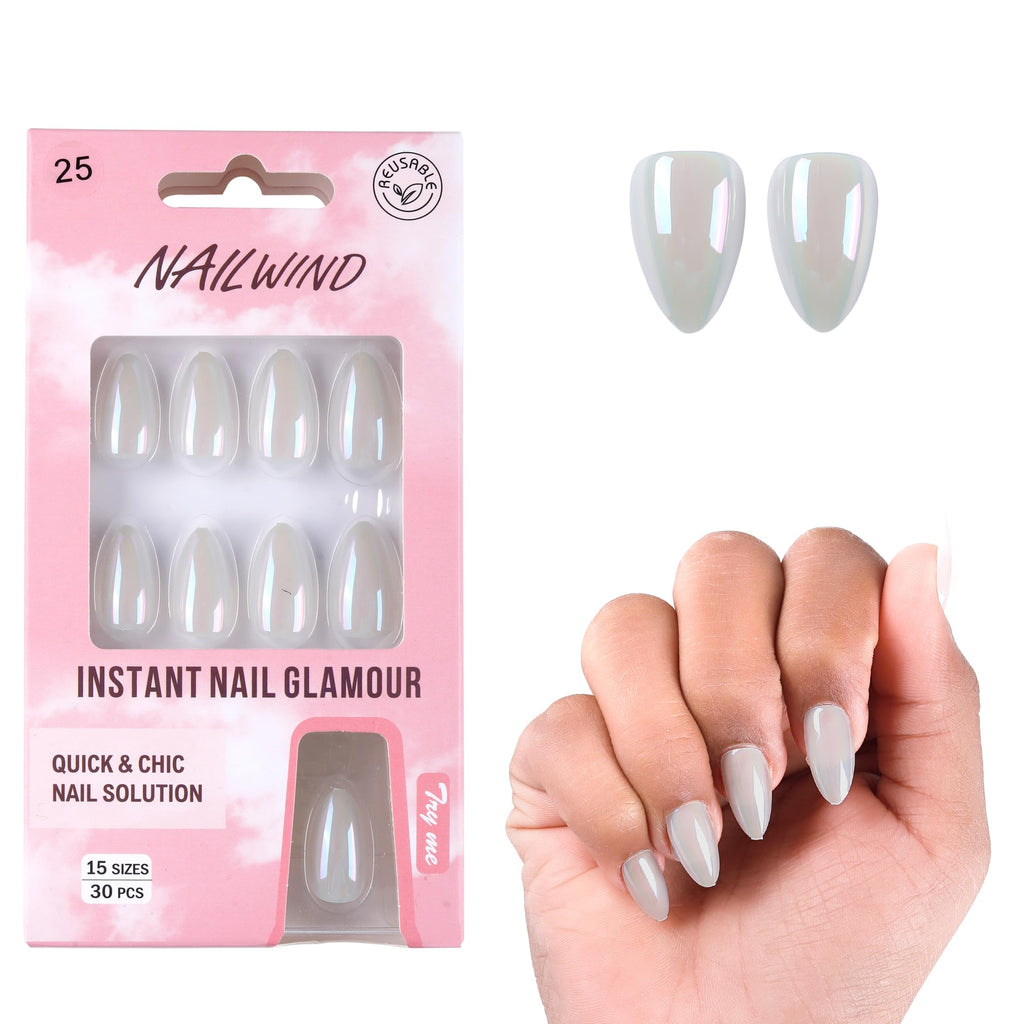 NAILWIND Almond Press On Nails Medium, Soft Gel Mirror Designs Glossy Ombre Nails with Nail Glue, Semi-Transparent Reusable Glue On in 15 Sizes - 30PCS Stick On Nail Kit, Acrylic Nail for Women 25 - Image 3