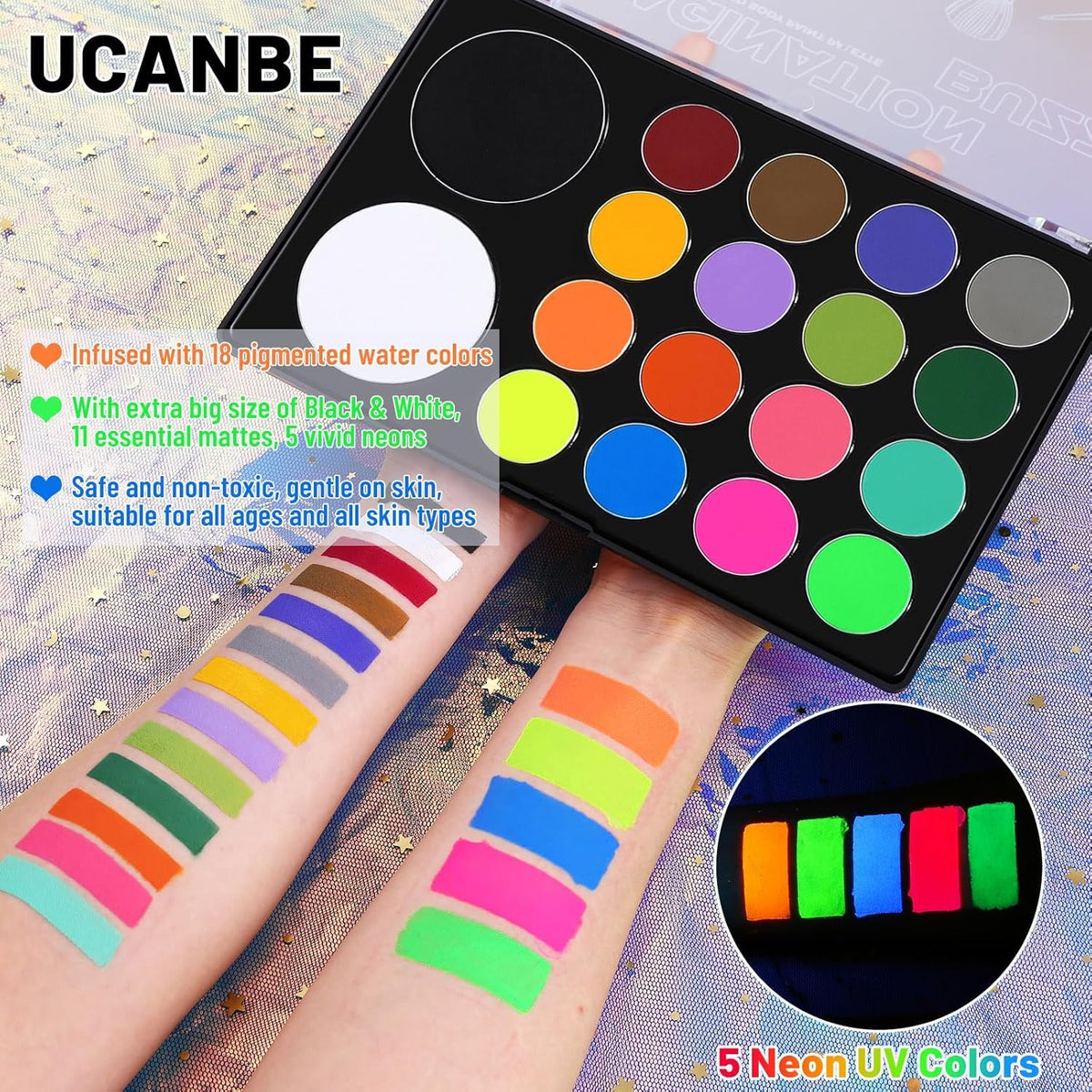 UCANBE Face Body Paint 18 Colors, Water Based Face Painting Kit with Large White Black & Neon Glow UV Facepaint SFX Makeup Palette for Halloween Party Costume Cosplay & Stage Make Up - Image 2