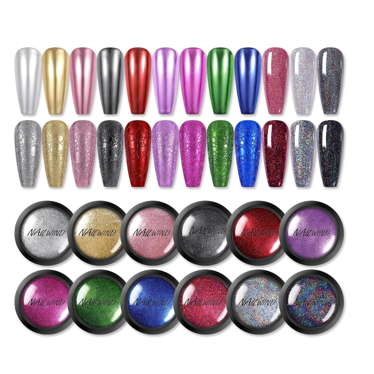 NAILWIND Mirror Chrome Nail Powder Set 12 Colors Metallic Mirror Effect Nail Powder Holographic Aurora Chameleon Pigment for Nail Art Gel Polish Mermaid Powder Decoration Sets
