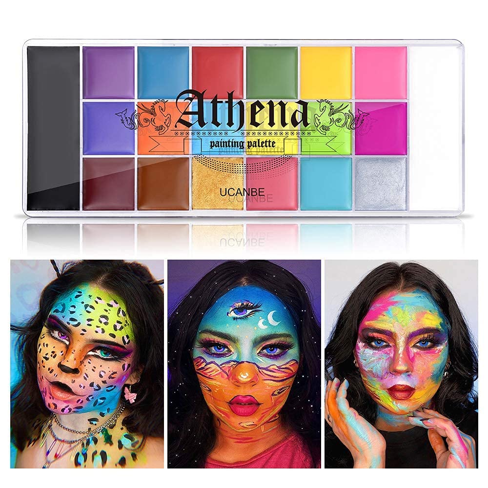 UCANBE Athena Face Body Paint Oil Palette, Professional Flash Non Toxic Safe Tattoo Halloween FX Party Artist Fancy Makeup Painting Kit For Kids and Adult, Red, blue,green,pink,black,white
