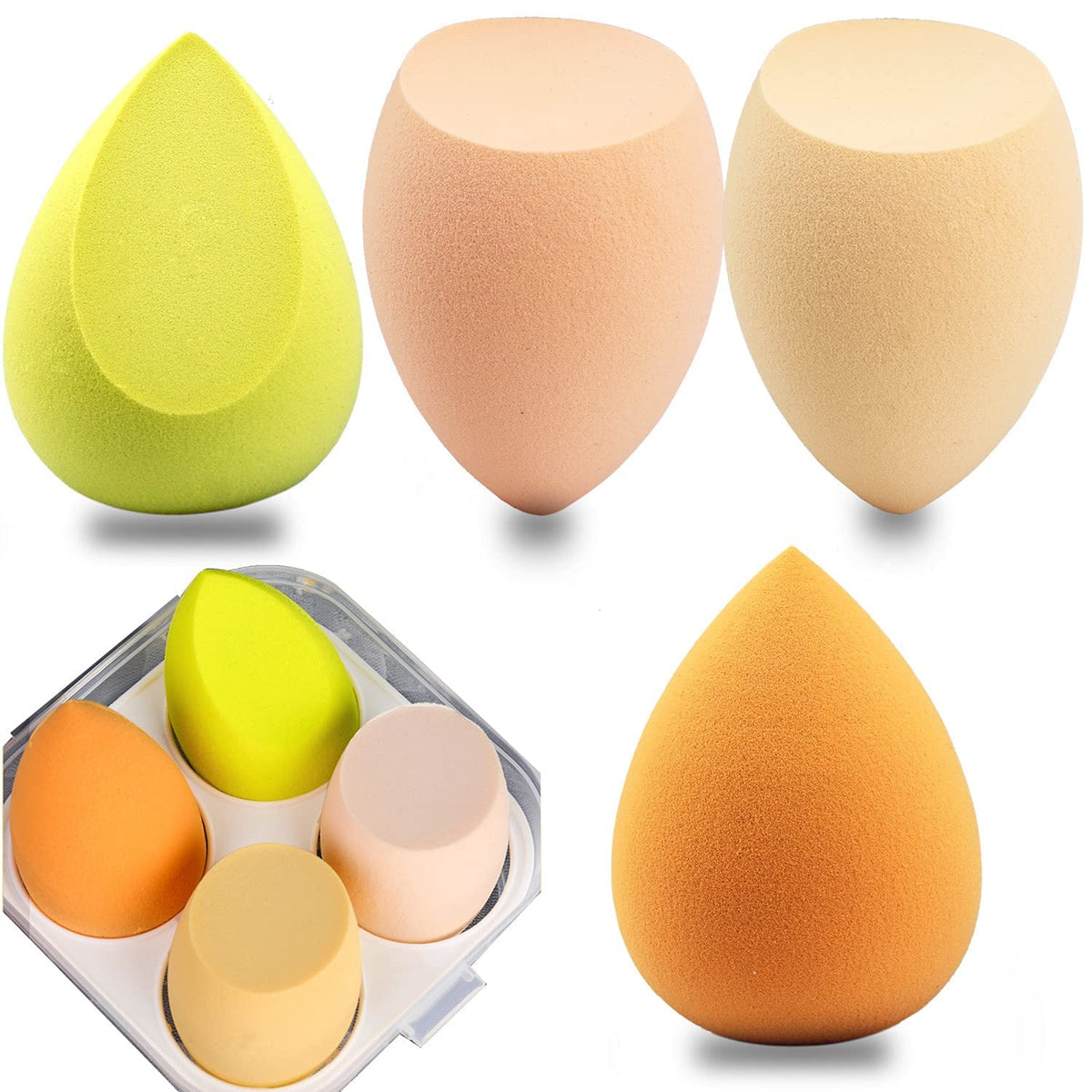 COSLUXE Makeup Sponge Set Beauty Blender with Egg Case, Soft Sponge For Liquid Foundation, Creams, and Powders?Latex Free Wet and Dry Makeup (Yellow Series, 4 Pcs)