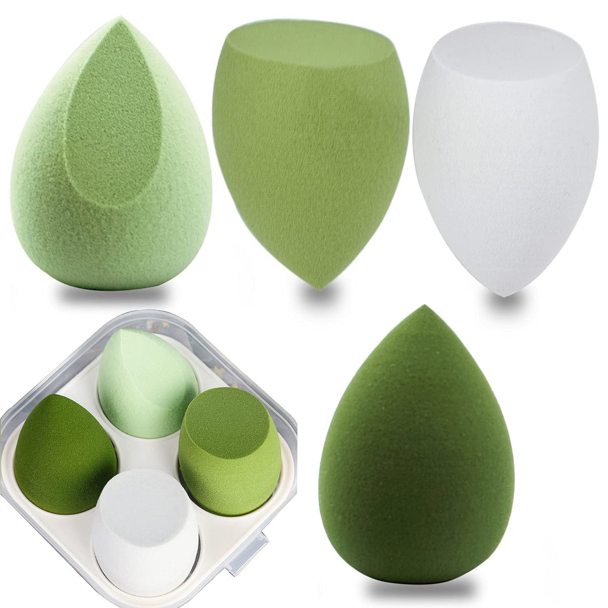 COSLUXE Makeup Sponge Set Beauty Blender with Egg Case, Soft Sponge For Liquid Foundation, Creams, and Powders?Latex Free Wet and Dry Makeup Green Series, 4 Pcs