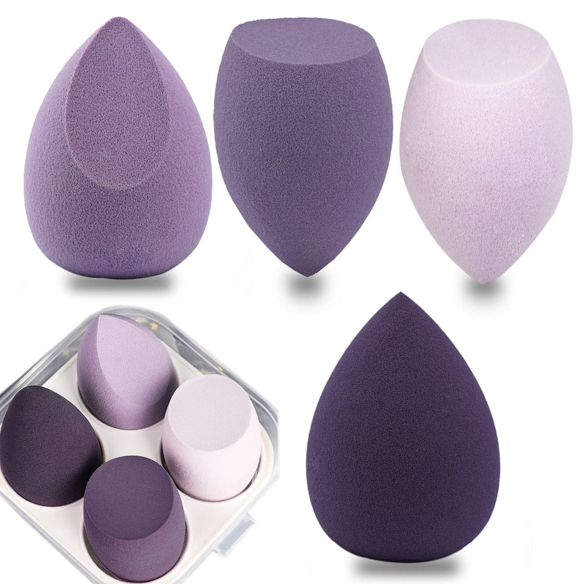 COSLUXE Makeup Sponge Set Beauty Blender with Egg Case, Soft Sponge For Liquid Foundation, Creams, and Powders?Latex Free Wet and Dry Makeup Purple Series, 4 Pcs