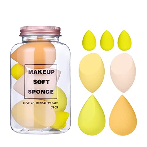 COSLUXE Makeup Sponge Set Beauty Blender with Egg Case, Soft Sponge For Liquid Foundation, Creams, and Powders?Latex Free Wet and Dry Makeup Yellow Series, 4 Big + 3 Mini -7 Pcs set